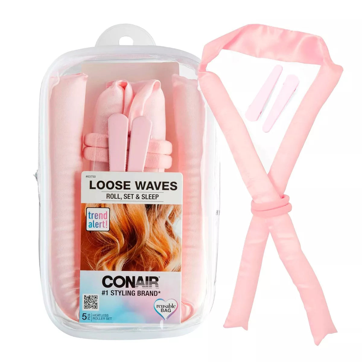 CONAIR Heatless Satin Loose Waves Roller & Accessories Set - Pink, 5 count-074108637505-LR-350285-1-LR eShop