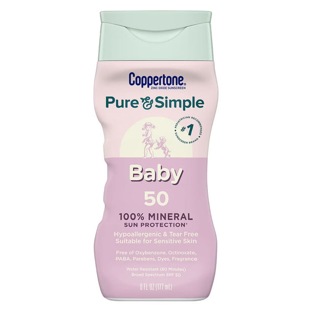 Coppertone Pure and Simple Baby Sunscreen Lotion SPF 50, Zinc Oxide Mineral Sunscreen for Babies, 6 fl oz Bottle-072140028718-LR-363358-1-LR eShop