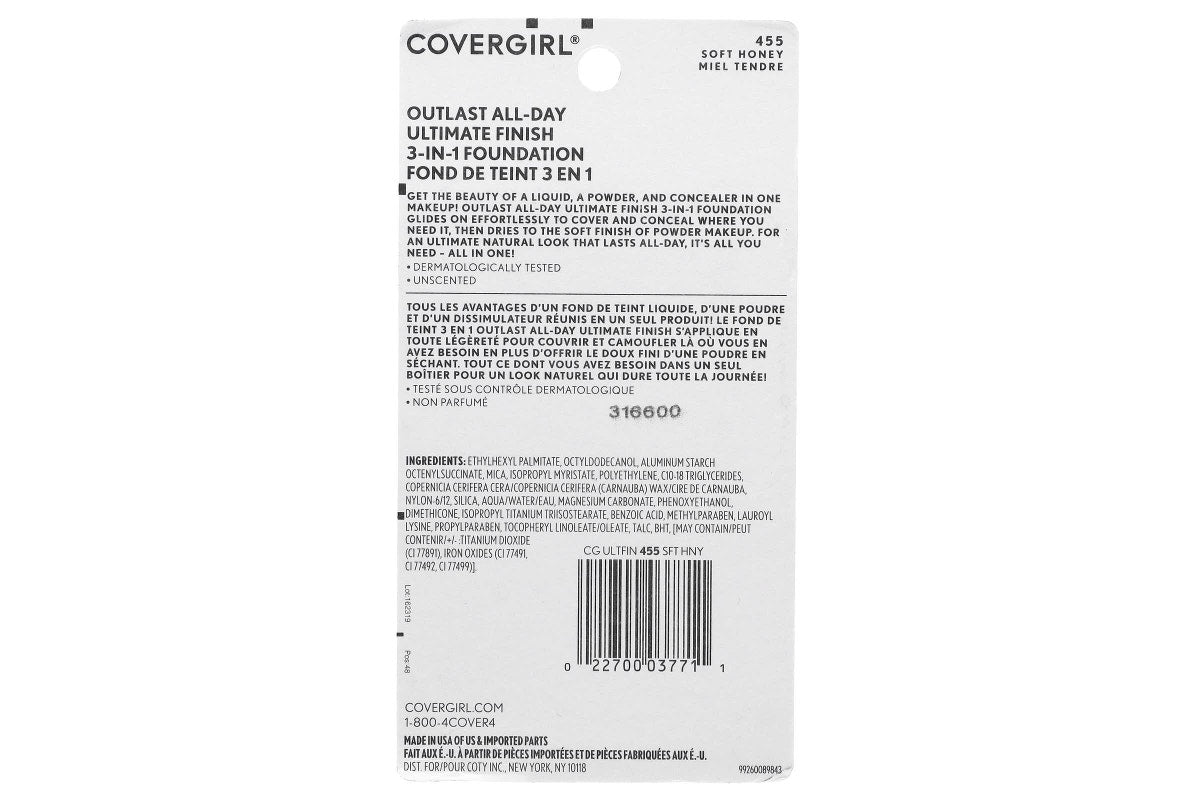 COVERGIRL Outlast All-Day Ultimate Finish 3-in-1 Foundation - 455 Soft Honey-022700037711-LR-132178-4-LR eShop