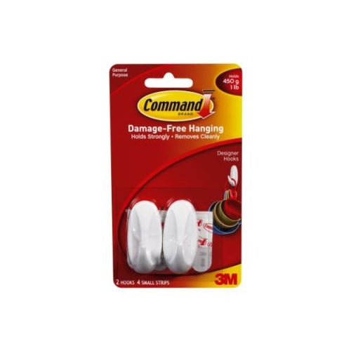 3M Command Small Designer Hooks w/Adhesive Strips, Hold 1lb, 2 per Pack