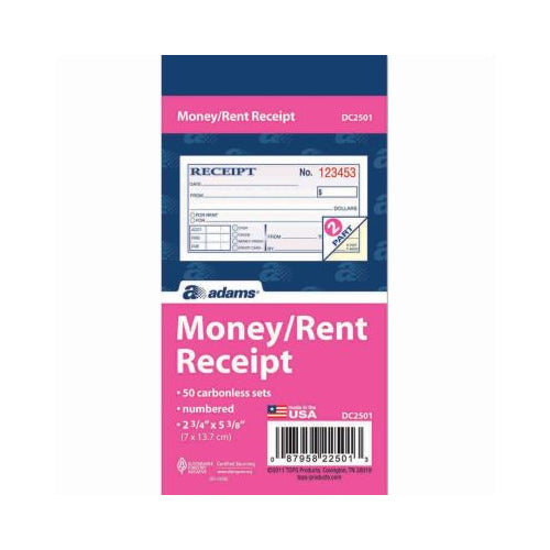 Adams Money/Rent Receipt Book  2-Part Carbonless Forms  White/Canary  2-3/4 x 5-3/8 in.  50 Sheets