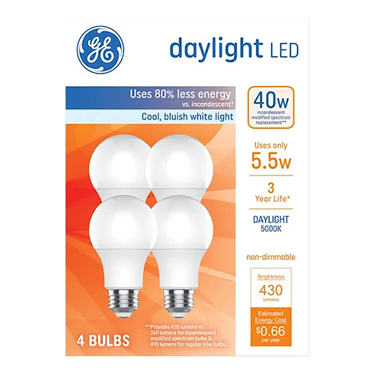 GE Lighting Daylight LED Light Bulb, A19 Medium Base, 5.5 Watt, 4 Pack-043168567862-LR-357211-1-LR eShop