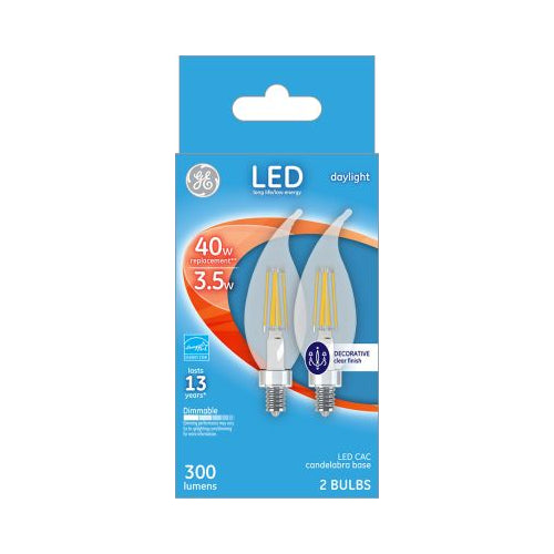 GE 3.5W LED Daylight Dimmable CAC Decorative Clear Finish Light Bulb (2-Pack)