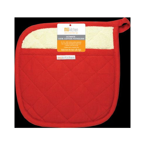 MUkitchen 100% Cotton Terry-Lined 9"x9" Potholder - Crimson