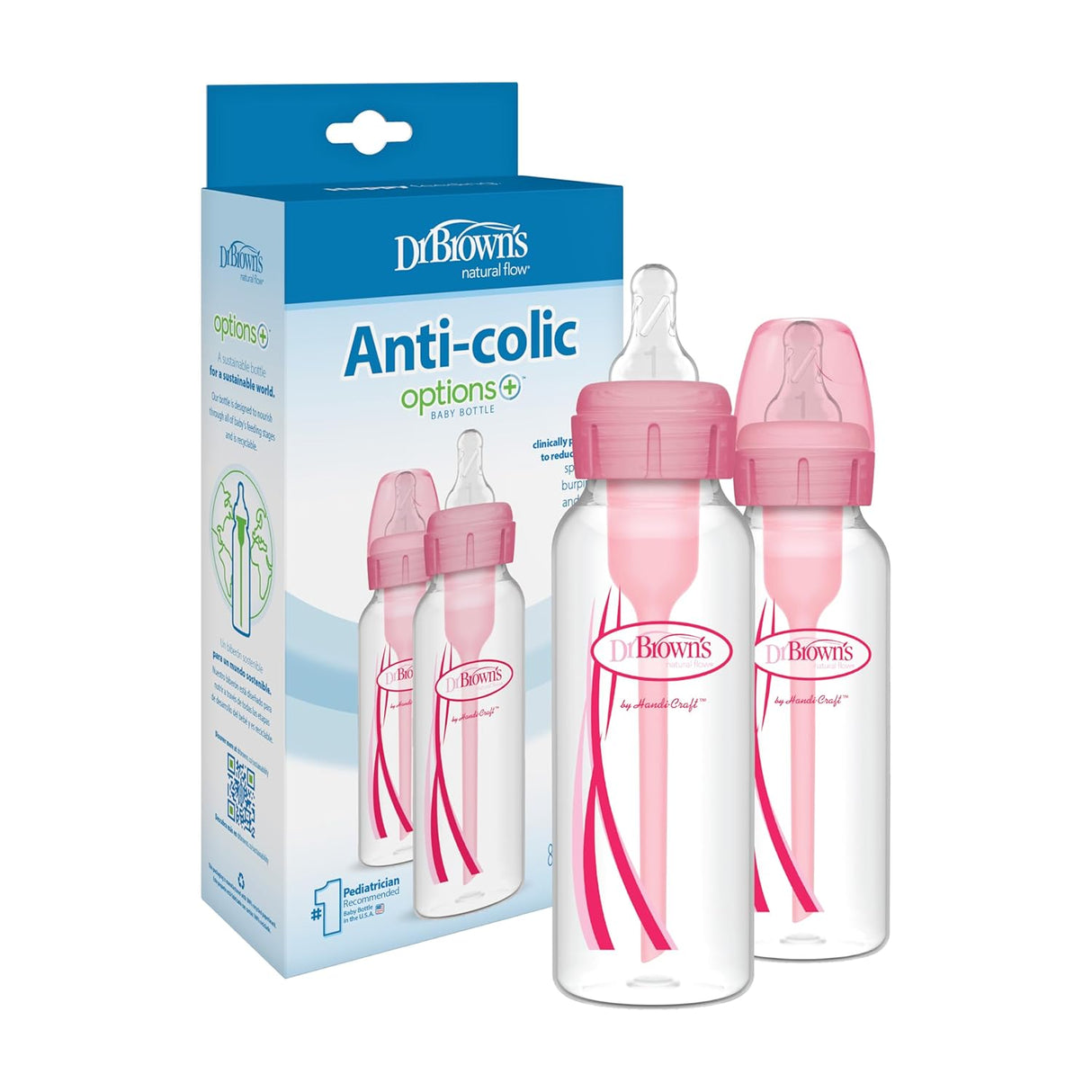 Dr Brown’s Natural Flow Anti-Colic Options Plus Narrow Baby Bottle, 8 oz - Pink, 2 count-072239307809-LR-335669-3-LR eShop