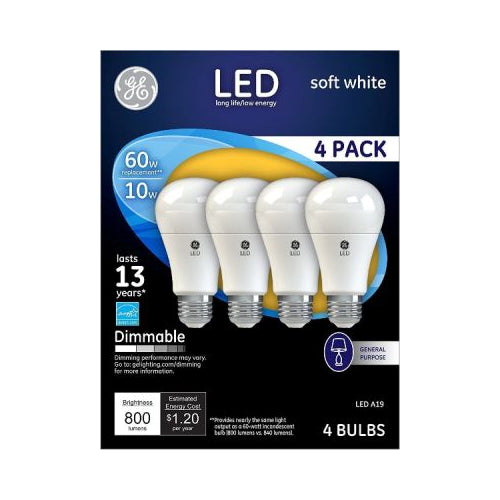 GE 10W A19 LED Soft White Dimmable General Purpose A19 Light Bulbs (4-Pack)