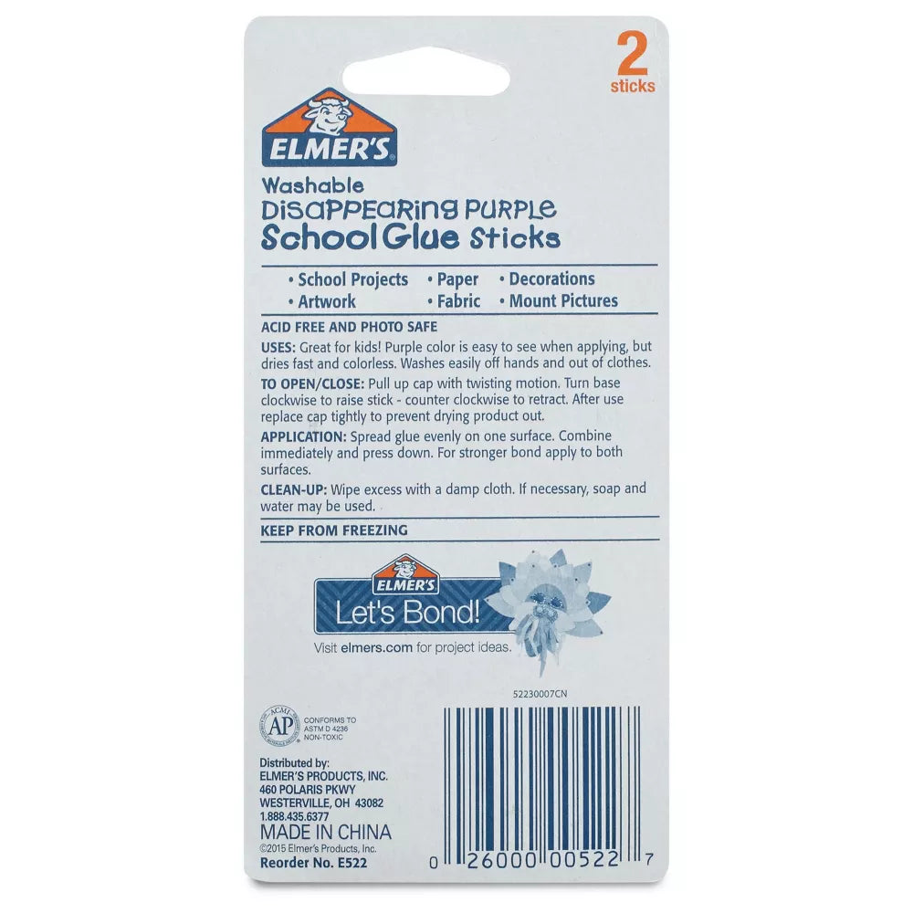 ELMER'S Washable School Glue Sticks - Disappearing Purple, 2 count-026000005227-LR-145225-6-LR eShop