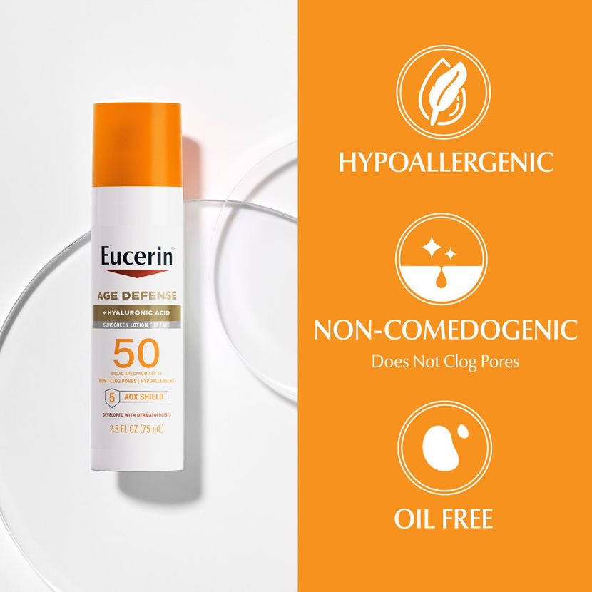 Eucerin Sun Age Defense Face Sunscreen Lotion, Hyaluronic Acid, Non-Comedogenic, SPF 50, 2.5 fl oz-072140032227-LR-363497-4-LR eShop