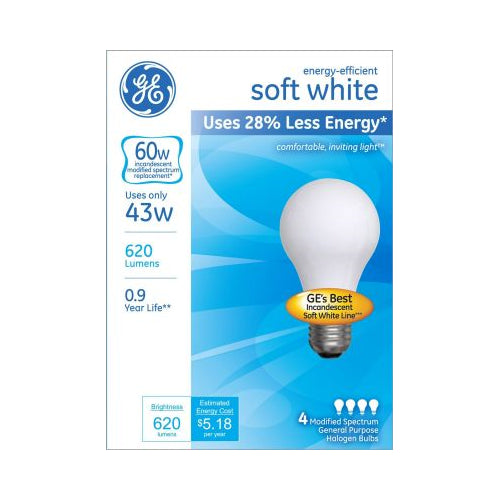 GE 43W A19 Energy-Efficient Soft Light Halogen Light Bulb (4-Pack)