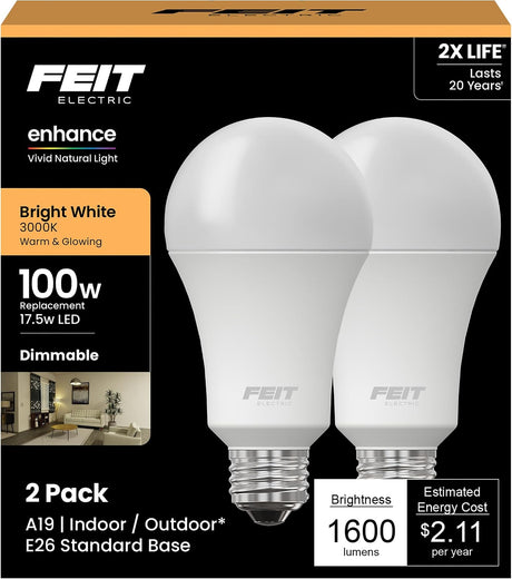 FEIT Electric 100 Watt Enhance A19 LED Light Bulb - Bright White, 2 count-017801154467-LR-347803-1-LR eShop