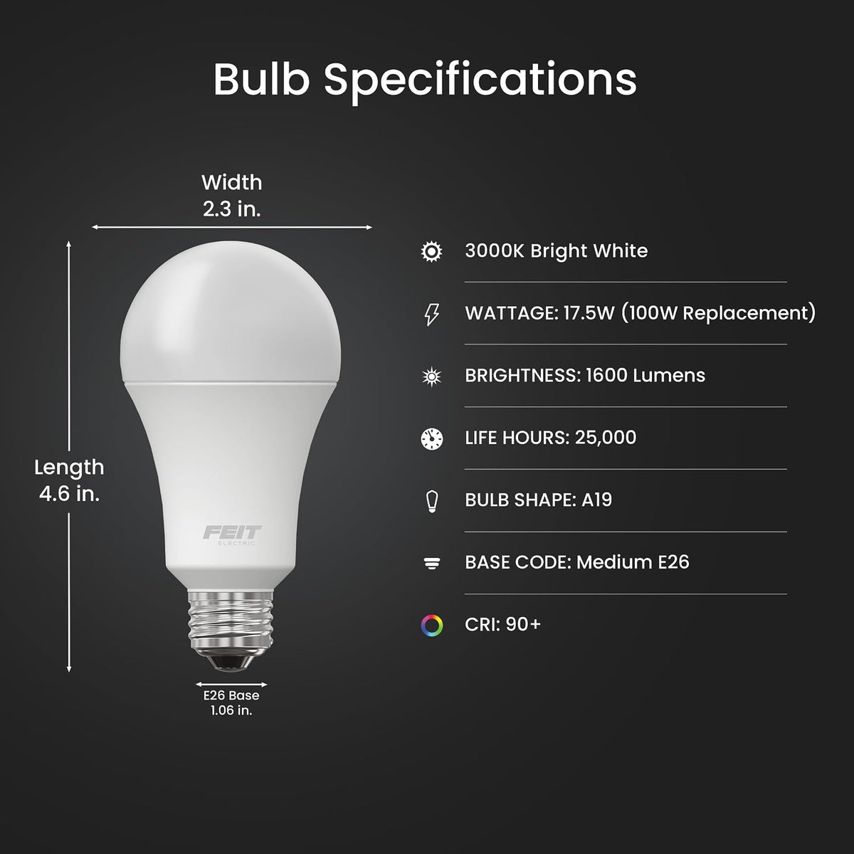 FEIT Electric 100 Watt Enhance A19 LED Light Bulb - Bright White, 2 count-017801154467-LR-347803-3-LR eShop
