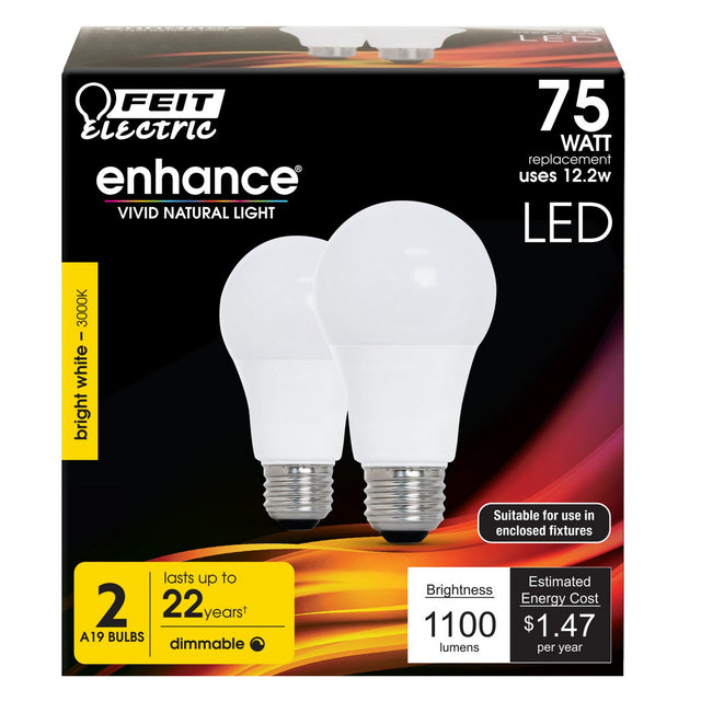 FEIT Electric 12.2 Watt Dimmable Enhance General Purpose LED A19 Light Bulbs, E26 Base - Bright White, 2 count-017801154436-LR-347801-1-LR eShop