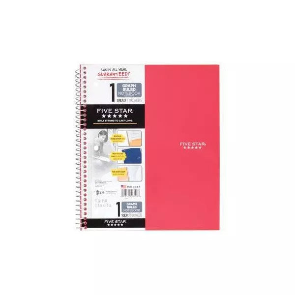 Five Star 1 Subject Graph Ruled Spiral Notebook - Assorted Colors, 8.5" x 11"-043100061908-LR-185418-10-LR eShop