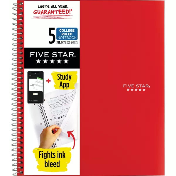 Five Star 5 Subject College Ruled Spiral Notebook - Assorted Colors-043100062080-LR-50690-2-LR eShop