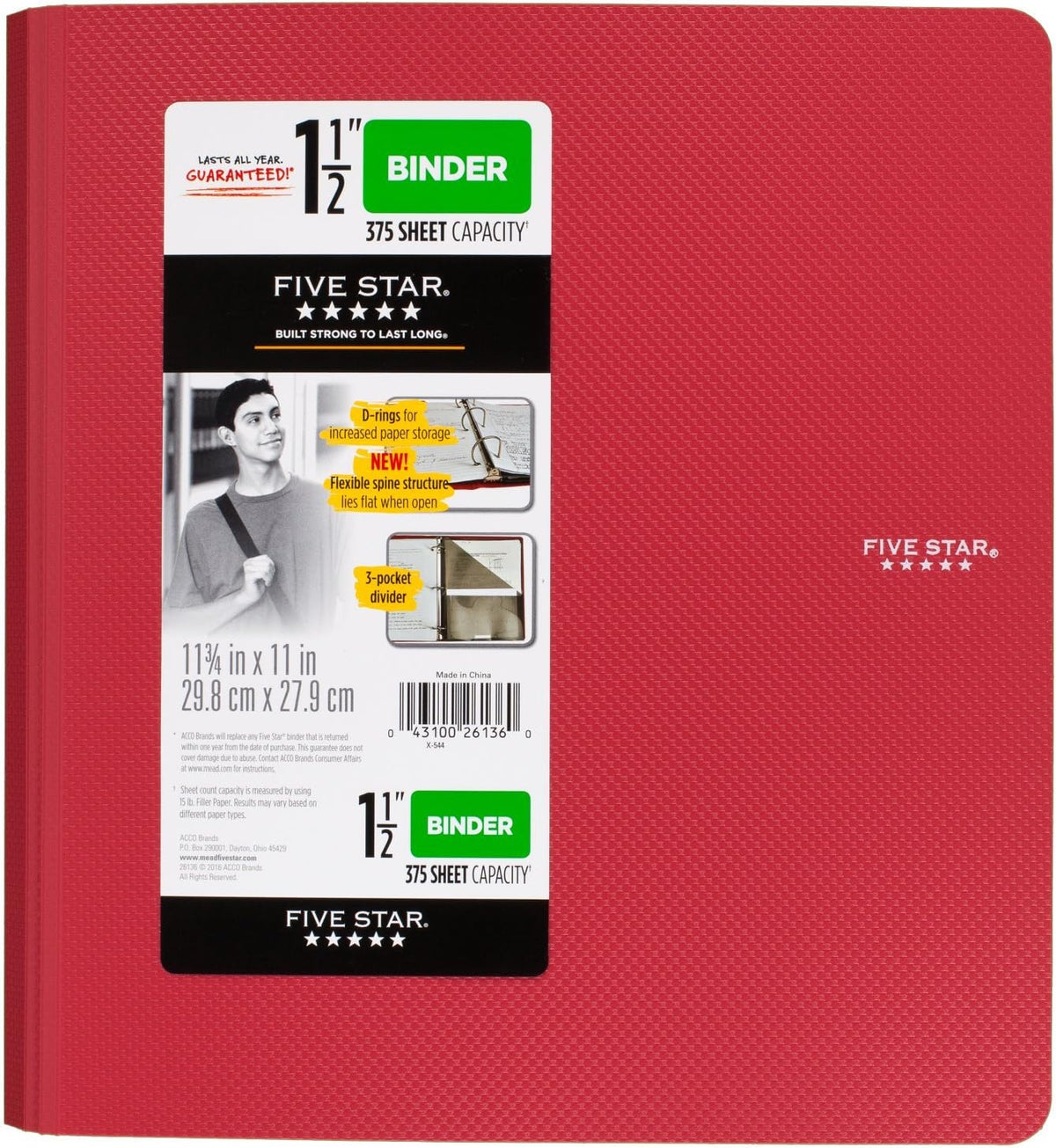 FIVE STAR Three Ring Plastic Binder - Assorted Colors, 1.5"-043100261360-LR-325897-7-LR eShop