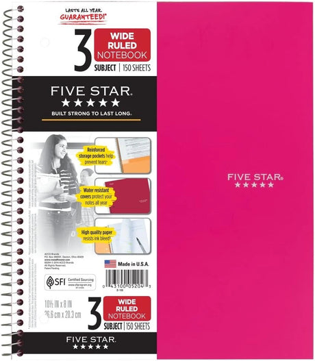 FIVE STAR Wide Ruled Personal Recycled Spiral Notebook - Assorted Colors, 3 Subject-038576826014-LR-350138-1-LR eShop