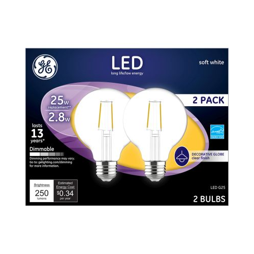 GE 2.8W G25 LED Soft White Dimmable Clear Finish Decorative Globe Ligh Bulb (2-Pack)-043168230490-LR-335850-1-LR eShop