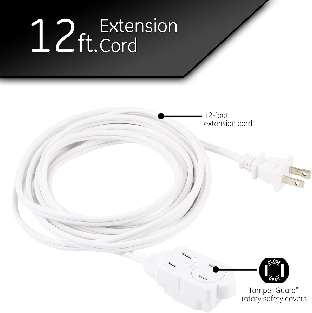 GE Extension Cord with Twist-to-Close Outlets - White, 12 feet-043180002259-LR-226561-3-LR eShop