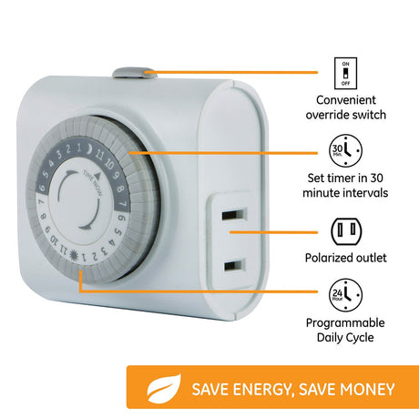 GE Indoor Plug-In 24-Hour Mechanical Timer - White-043180151193-LR-301035-2-LR eShop