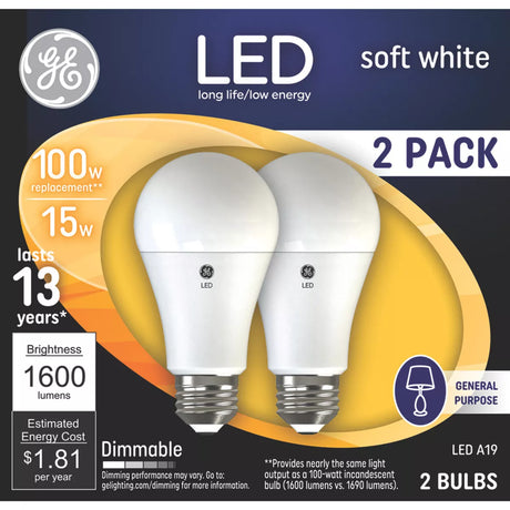 GE Lighting 100W A19 LED Light Bulbs Soft White: Dimmable, 2700 Kelvin, 1600 Lumens, Energy Star Certified, 2 pack-043168659413-LR-348647-1-LR eShop