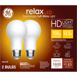 GE Lighting 100W Relax A19 LED HD Light Bulbs Soft White: 100W Equivalent, 2700K, Dimmable, Energy Star Certified, E26 Base, 2 pack-043168541800-LR-348638-1-LR eShop