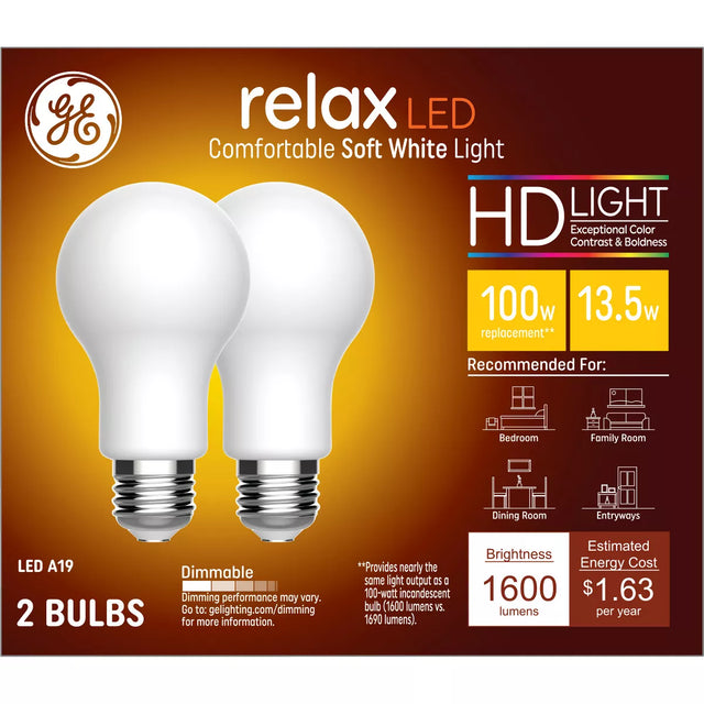 GE Lighting 100W Relax A19 LED HD Light Bulbs Soft White: 100W Equivalent, 2700K, Dimmable, Energy Star Certified, E26 Base, 2 pack-043168541800-LR-348638-1-LR eShop