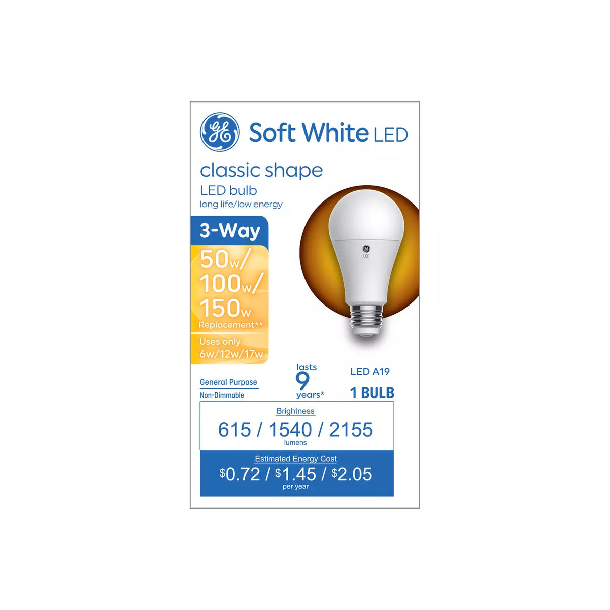 GE Lighting 3-Way A19 LED Light Bulb, 150/100/50 Watt Replacement, Soft White, 1 pack-043168551243-LR-348650-1-LR eShop