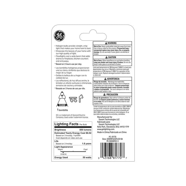 GE Lighting 50W Halogen MR16 Light Bulb Warm White: Dimmable, 850 Lumens, GU5.3 Base, 3050K, Suitable for Damp Locations-043168817707-LR-282802-3-LR eShop