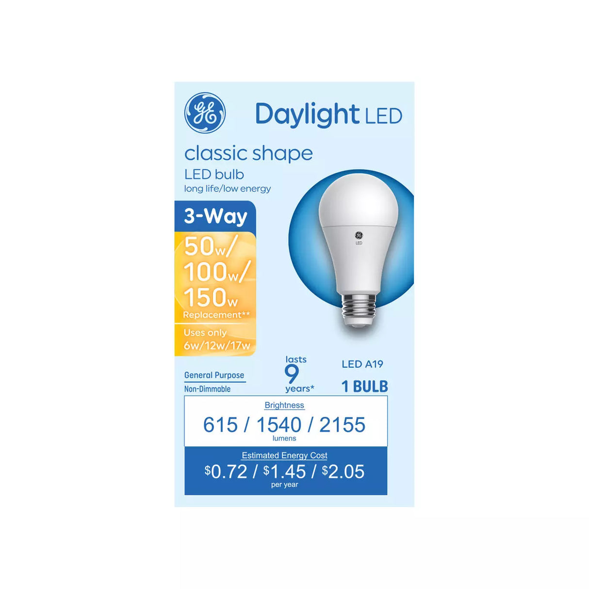 GE Lighting Basic LED 150/100/50 Watt Replacement, Daylight, A19 3-Way Bulbs, 1 Pack-043168551267-LR-348651-1-LR eShop