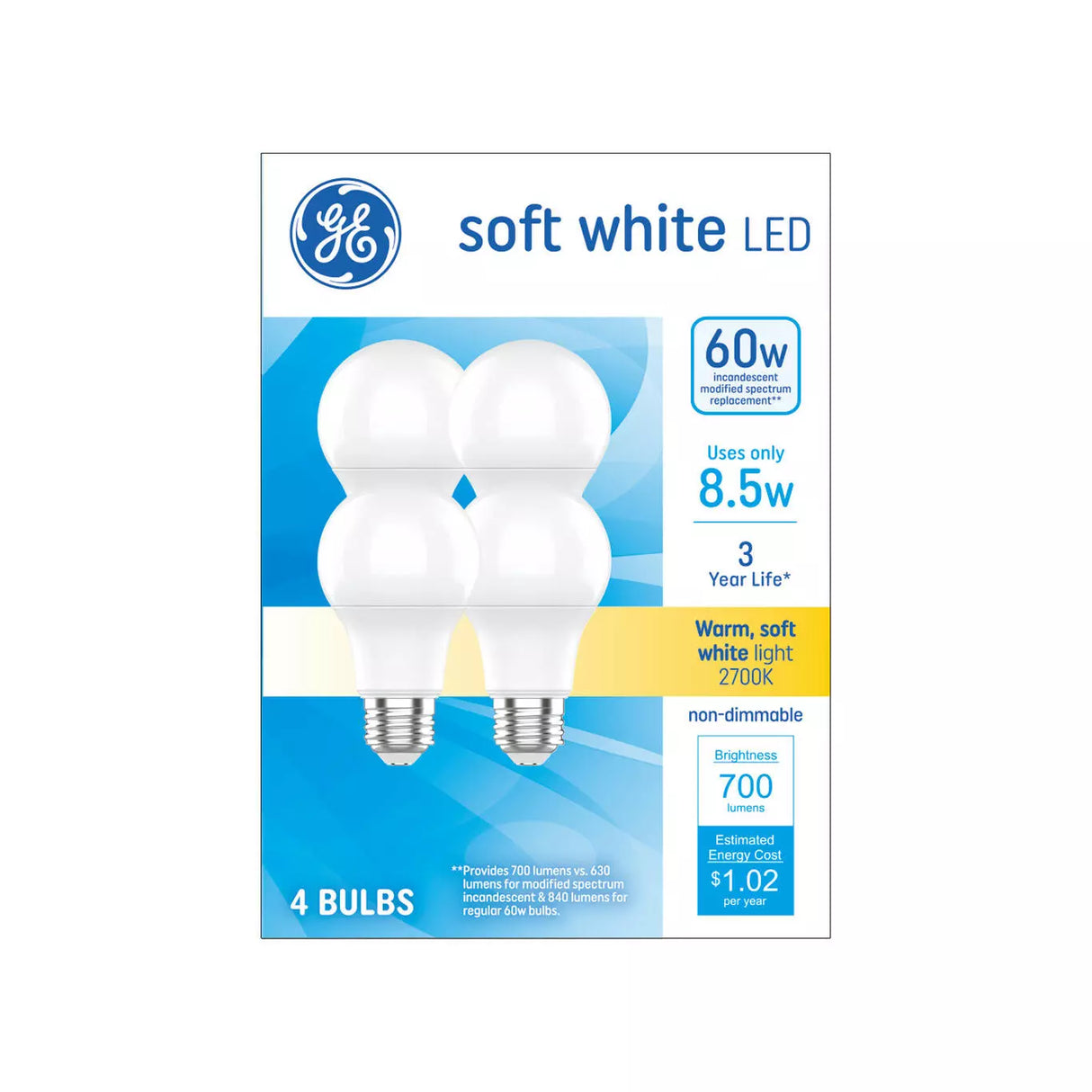 GE Lighting Basic LED 60 Watt Replacement, Soft White, A19 General Purpose Bulbs, 4 count-043168558396-LR-353104-1-LR eShop