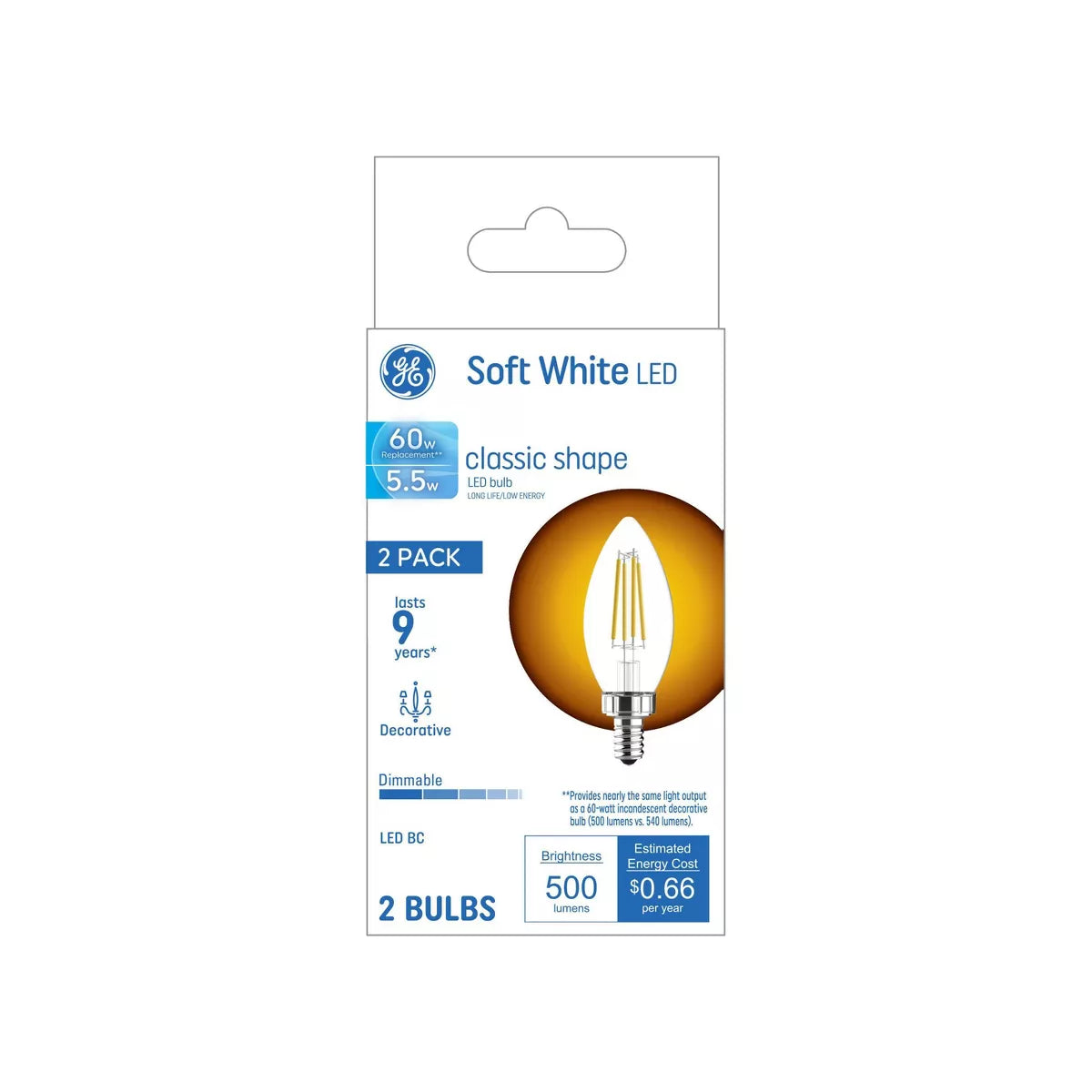 GE Lighting Basic LED 60 Watt Replacement, Soft White, B11 Deco - Candle Bulbs, 2 pack-043168548038-LR-348674-1-LR eShop