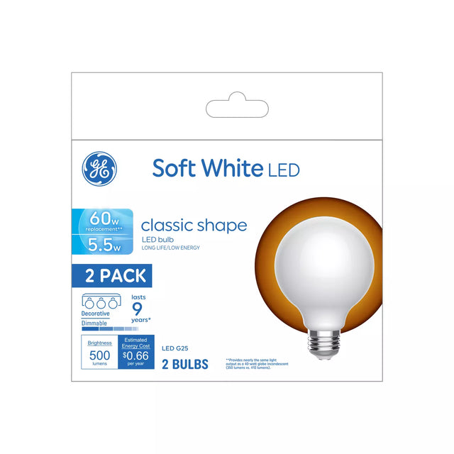 GE Lighting Basic LED 60 Watt Replacement, Soft White, G25 Vanity - Globe Bulbs, 2 Pack-043168548113-LR-348659-1-LR eShop