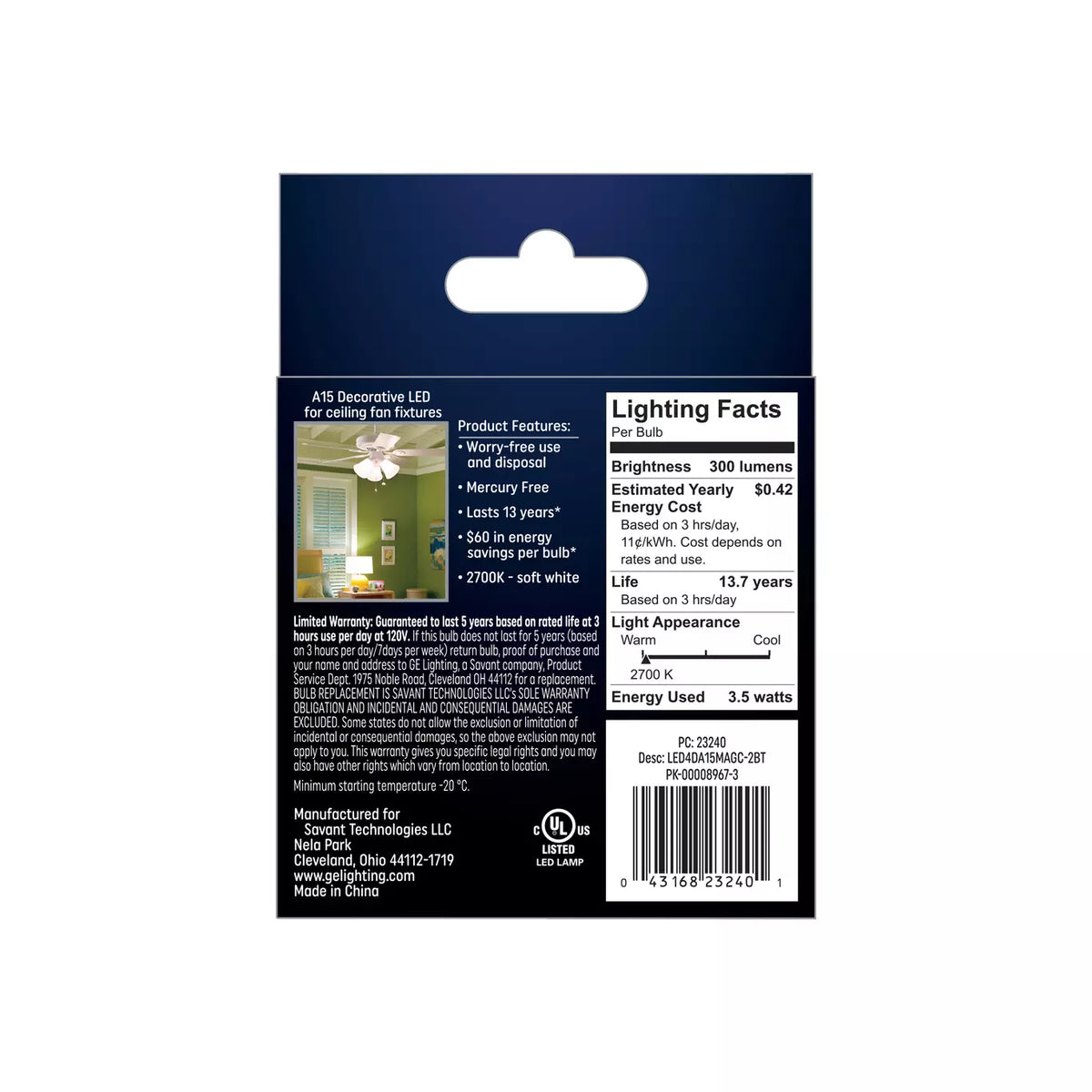 GE Lighting Classic LED 40 Watt Replacement, Soft White, A15 Ceiling Fan Bulbs, 2 count-043168232401-LR-321357-4-LR eShop