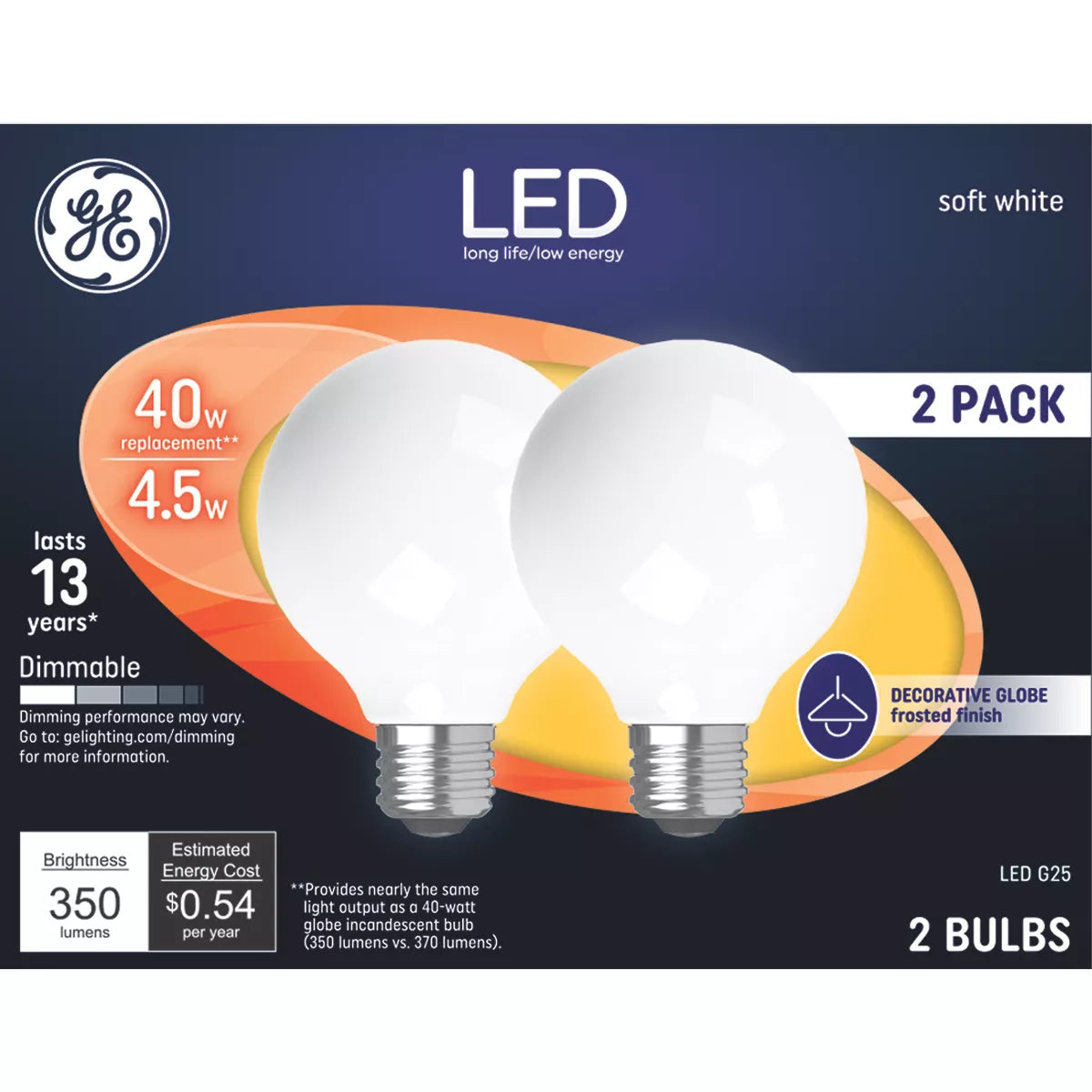 GE Lighting Classic LED 40 Watt Replacement, Soft White, G25 Vanity - Globe Bulbs, 2 Pack-043168249546-LR-321947-1-LR eShop