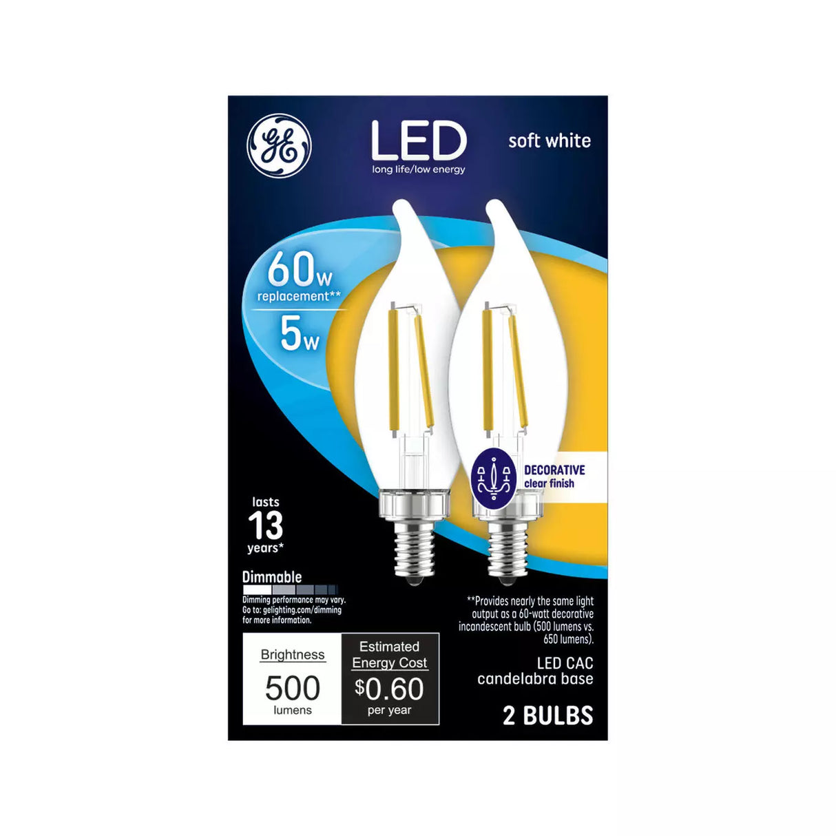 GE Lighting Classic LED 60 Watt Replacement, Soft White, CA11 Deco - Candle Bulbs, 2 Pack-043168530644-LR-348614-1-LR eShop
