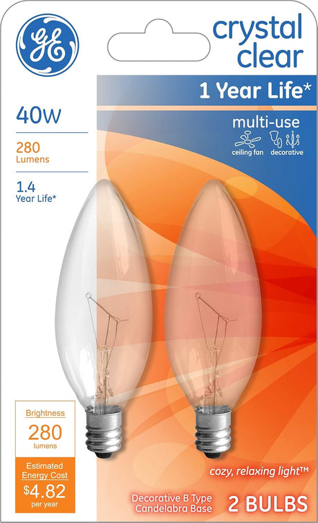 GE Lighting Crystal Clear Blunt Tip Decorative Light Bulbs (40 Watt), 280 Lumen, Candelabra Light Bulb Base, 2 count-043168750332-LR-226102-1-LR eShop