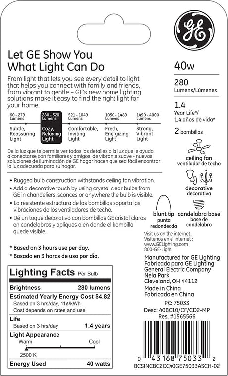 GE Lighting Crystal Clear Blunt Tip Decorative Light Bulbs (40 Watt), 280 Lumen, Candelabra Light Bulb Base, 2 count-043168750332-LR-226102-2-LR eShop
