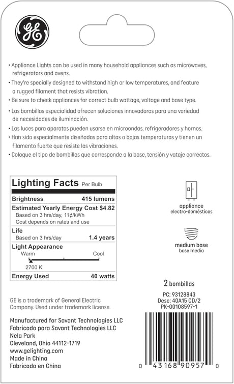 GE Lighting Incandescent 40 Watt Soft White A15 Appliance Bulbs, 2 count-043168909570-LR-224699-2-LR eShop
