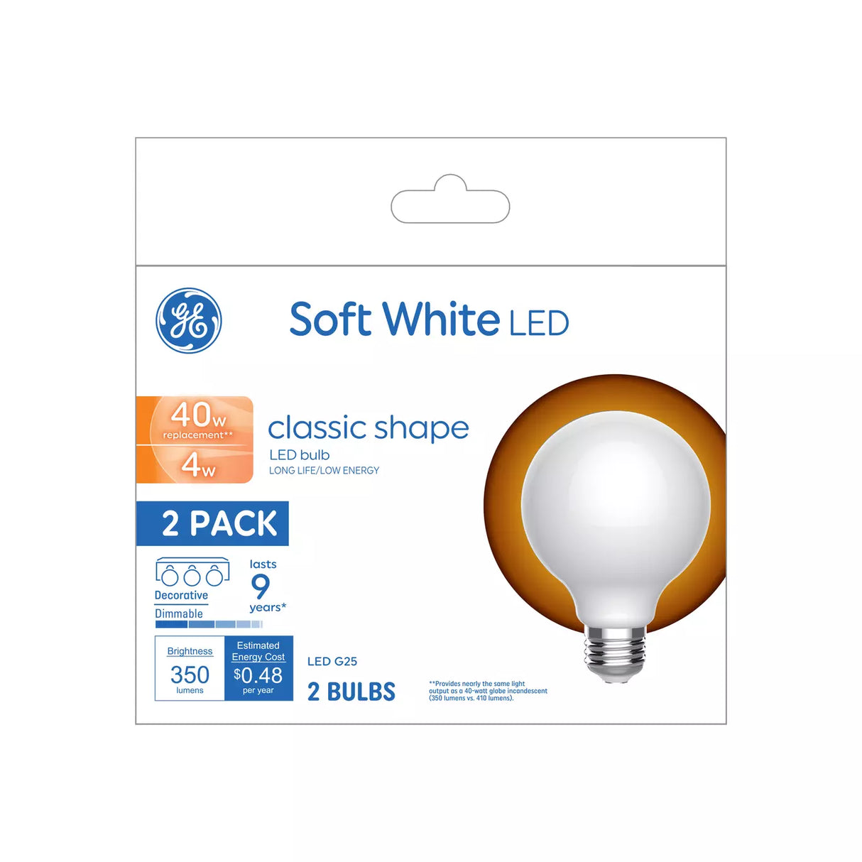 GE Lighting LED Light Bulbs, G25 Vanity Globe Lights, 40 Watt Replacement, Soft White, 2 Pack-043168548090-LR-348657-1-LR eShop