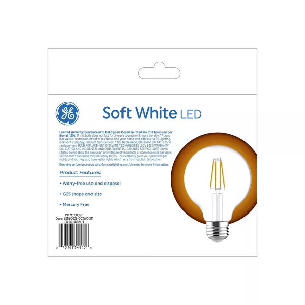 GE Lighting LED Light Bulbs, G25 Vanity Globe Lights, 60 Watt Replacement, Soft White, 2 Pack-043168548106-LR-348658-2-LR eShop