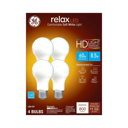 GE Lighting LED Relax High Definition Soft White Light Bulb A19 Medium Base 8.5 Watt, 4 Pack-043168533850-LR-348637-1-LR eShop
