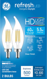 GE Lighting Refresh HD LED Light Bulbs, 60 Watt, Daylight, Decorative Bulbs, Clear, Small Base, 2 Pack-043168317566-LR-348621-1-LR eShop