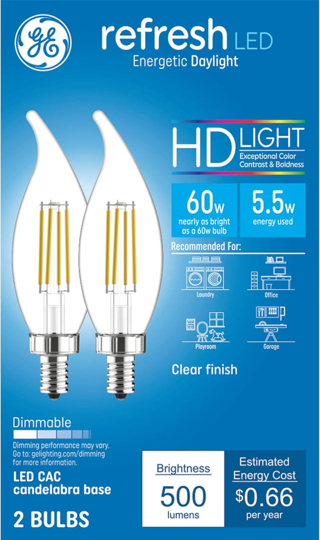 GE Lighting Refresh HD LED Light Bulbs, 60 Watt, Daylight, Decorative Bulbs, Clear, Small Base, 2 Pack-043168317566-LR-348621-1-LR eShop