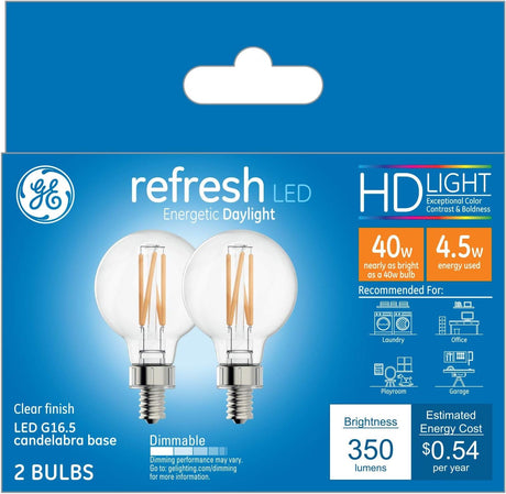 GE Lighting Refresh LED Light Bulbs, 40 Watt, Daylight, G16.5 Globe Bulbs, Small Base, 2 Pack-043168457101-LR-348625-1-LR eShop