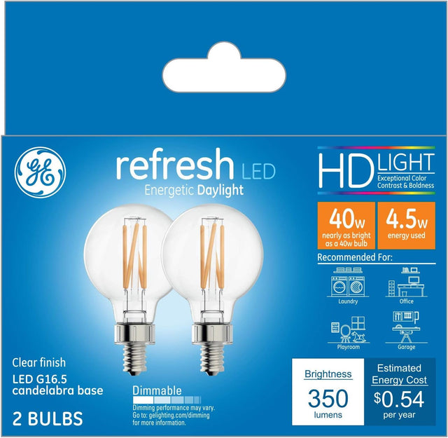 GE Lighting Refresh LED Light Bulbs, 40 Watt, Daylight, G16.5 Globe Bulbs, Small Base, 2 Pack-043168457101-LR-348625-1-LR eShop