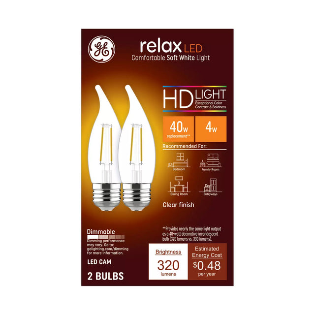 GE Lighting Relax HD CA11 LED Light Bulbs, Decorative Candle Bulbs, 40 Watt Replacement, Soft White, 2 Pack-043168314800-LR-349338-1-LR eShop