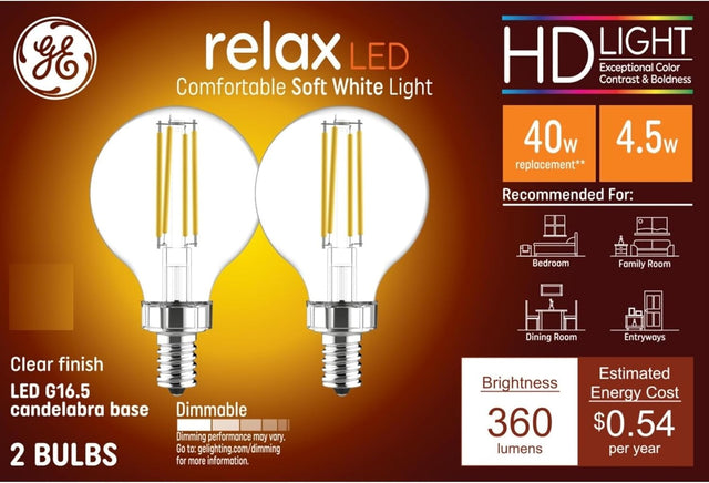 GE Lighting Relax HD G16.5 LED Light Bulbs, Vanity Globe Lights, 40 Watt Replacement, Soft White, 2 pack-043168317559-LR-348624-1-LR eShop