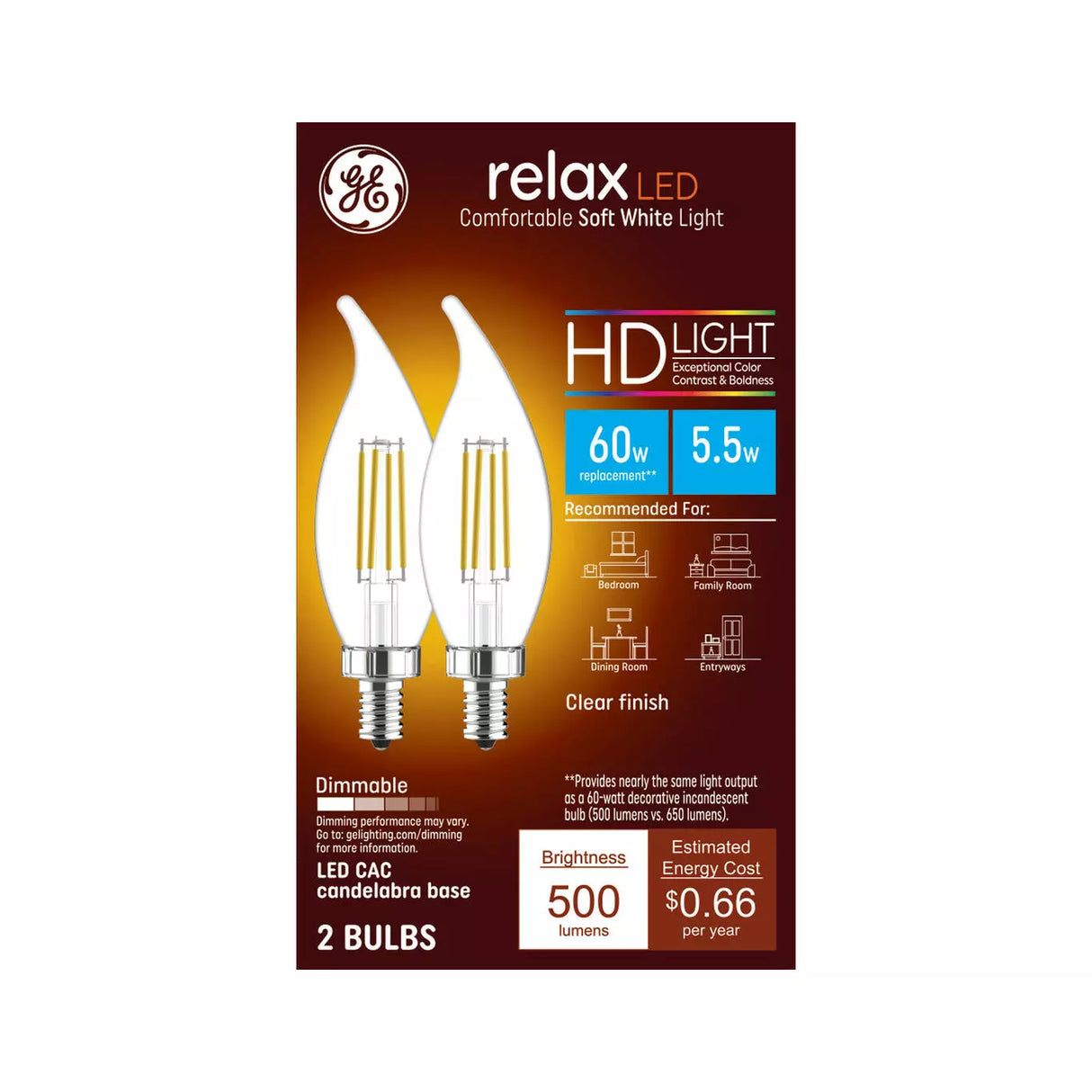 GE Lighting Relax HD LED 60 Watt Replacement, Soft White, CA11 Deco - Candle Bulbs, 2 Pack-043168314404-LR-348613-1-LR eShop