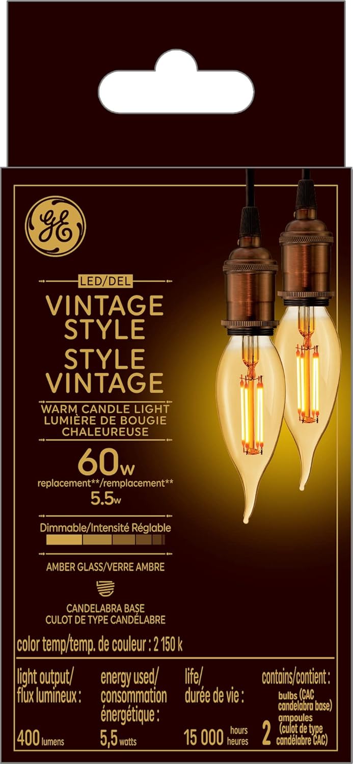 GE Lighting Vintage 60 Watt, Warm candlelight, Medium base (E-26), Dimmable LED Decorative Amber Light Bulb, 2 Pack-043168542357-LR-348630-1-LR eShop
