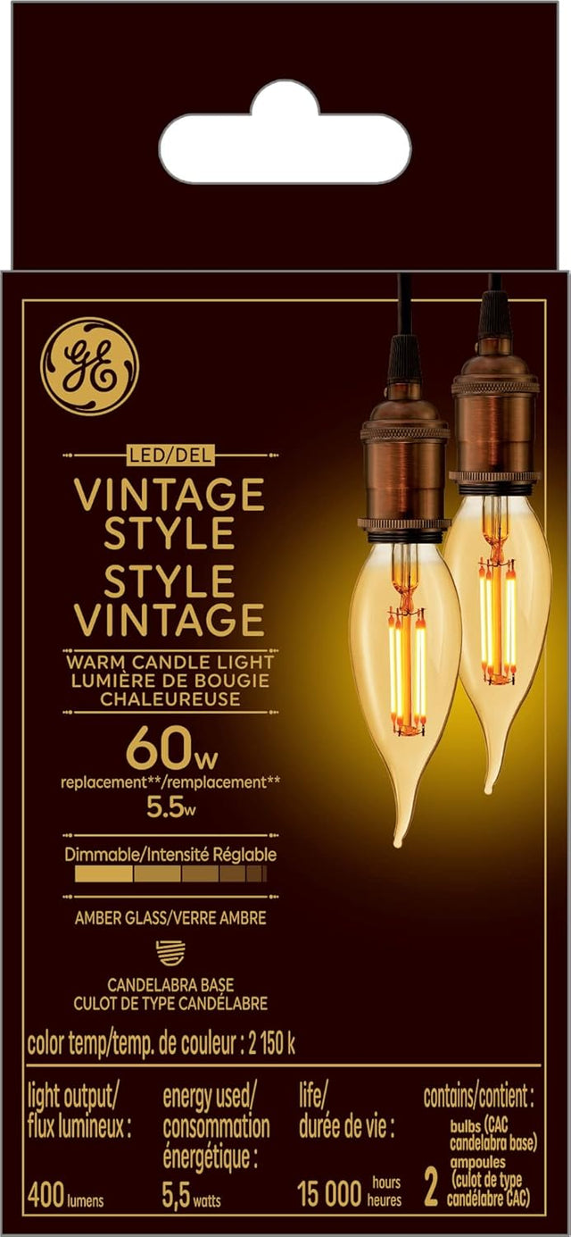 GE Lighting Vintage 60 Watt, Warm candlelight, Medium base (E-26), Dimmable LED Decorative Amber Light Bulb, 2 Pack-043168542357-LR-348630-1-LR eShop